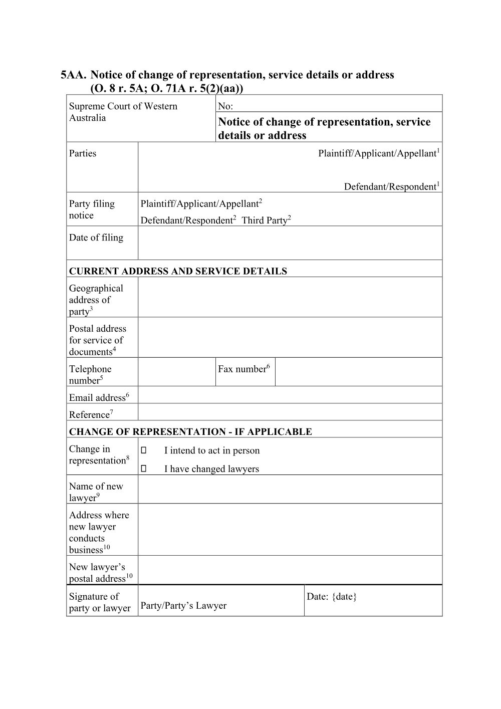 Preview of the first page of Notice of Change of Representation, Service Details or Address (Form 5AA)