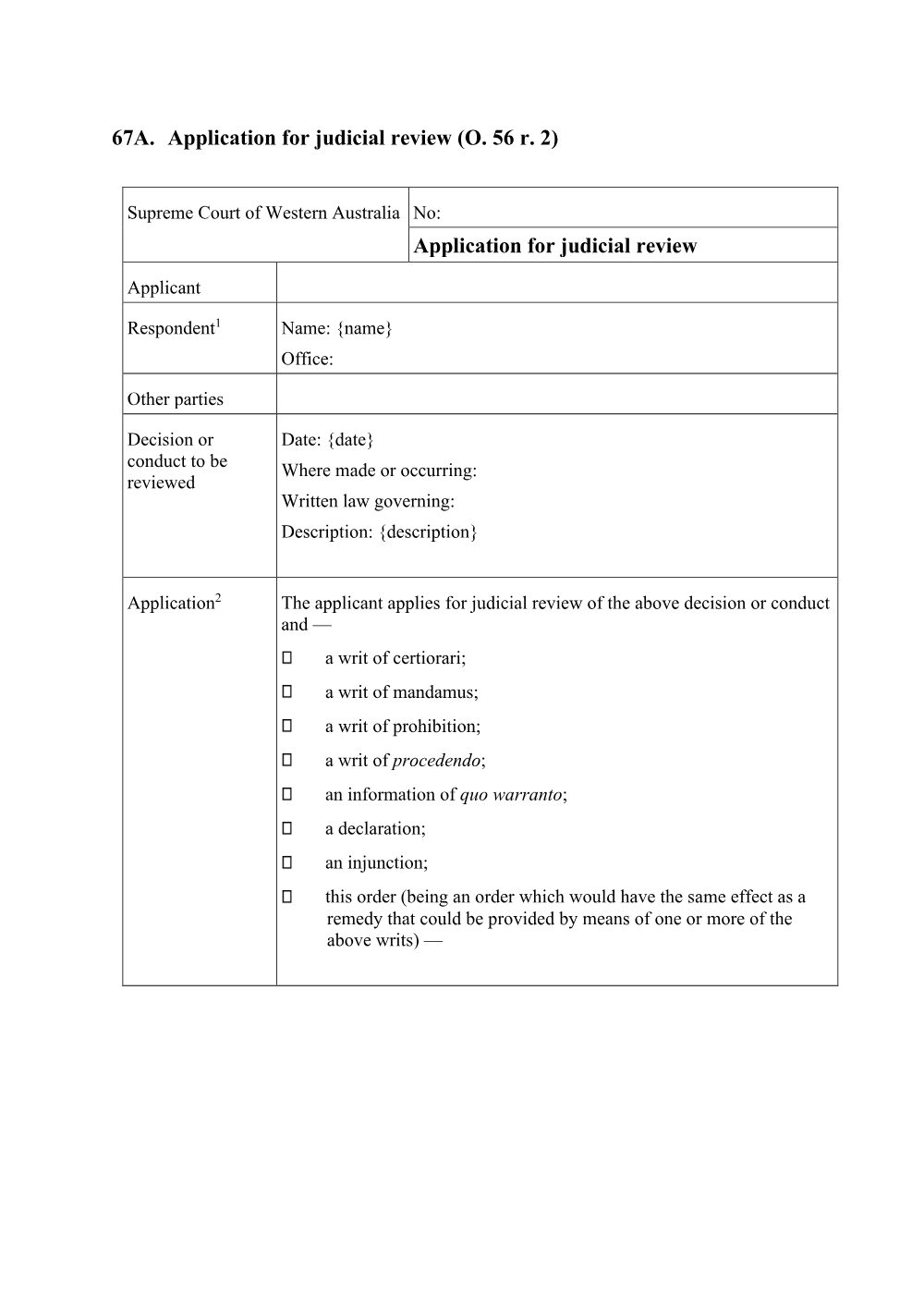 Preview of the first page of Application for Judicial Review (Form 67A)
