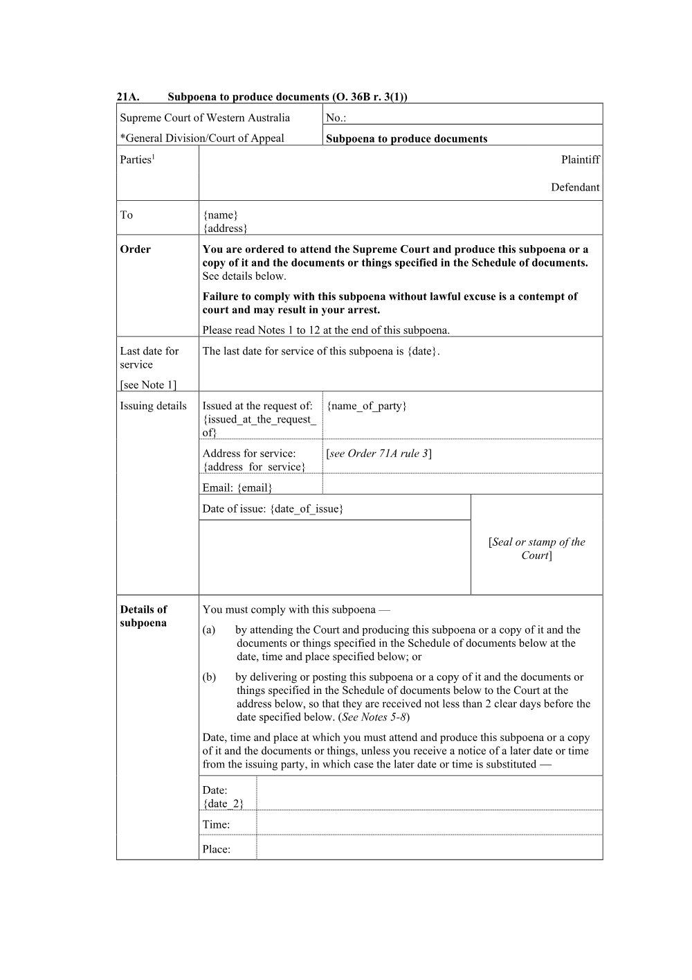Preview of the first page of Subpoena to Produce Documents (Form 21A)