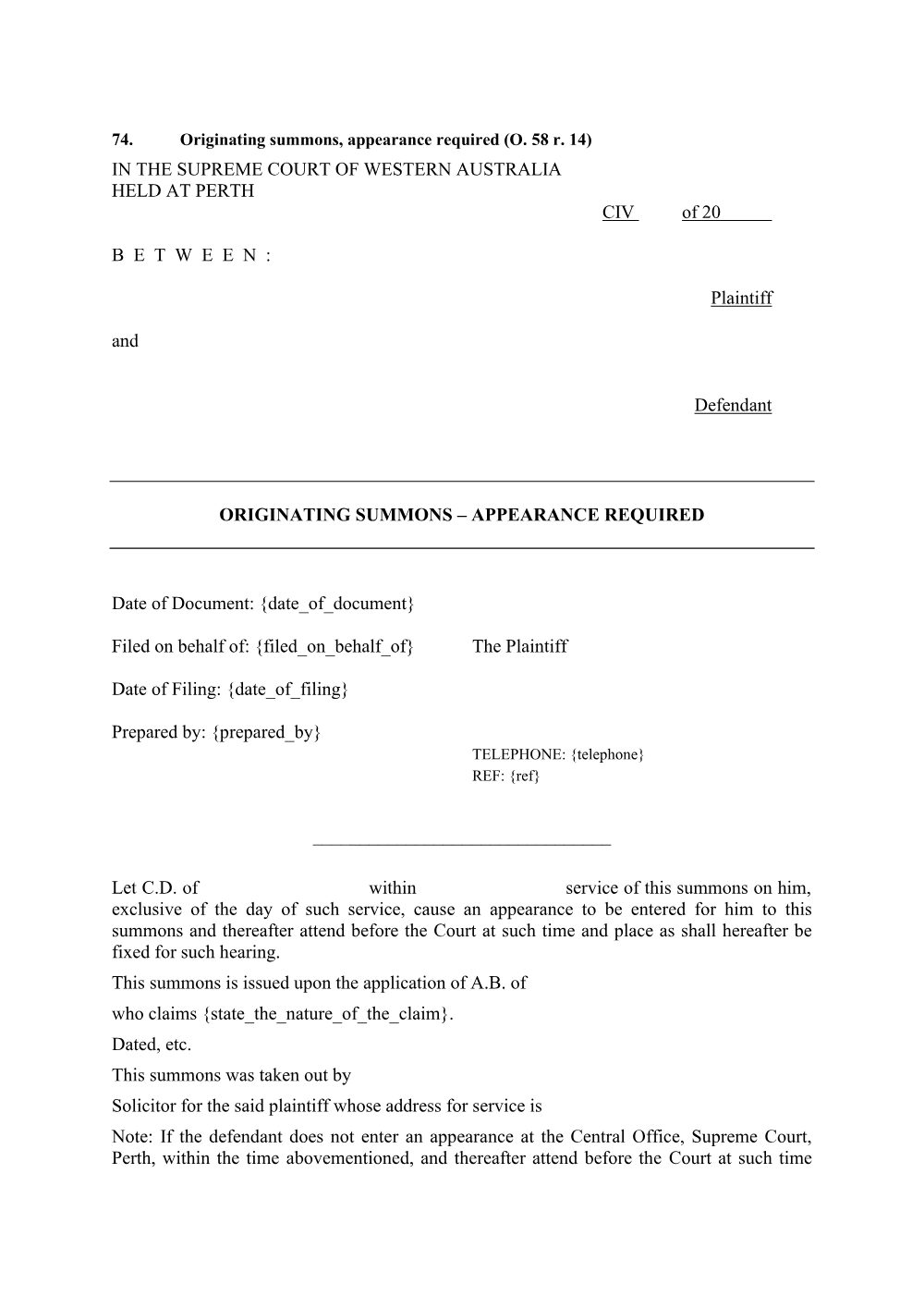 Preview of the first page of Originating Summons (Appearance Required) (Form 74)