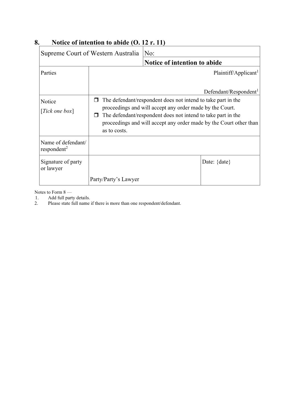 Preview of the first page of Notice of Intention to Abide (Form 8)
