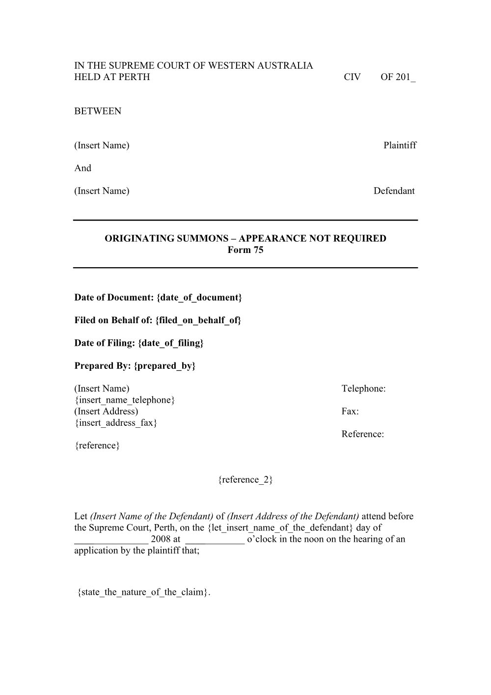 Preview of the first page of Originating Summons (Appearance Not Required) (Form 75)