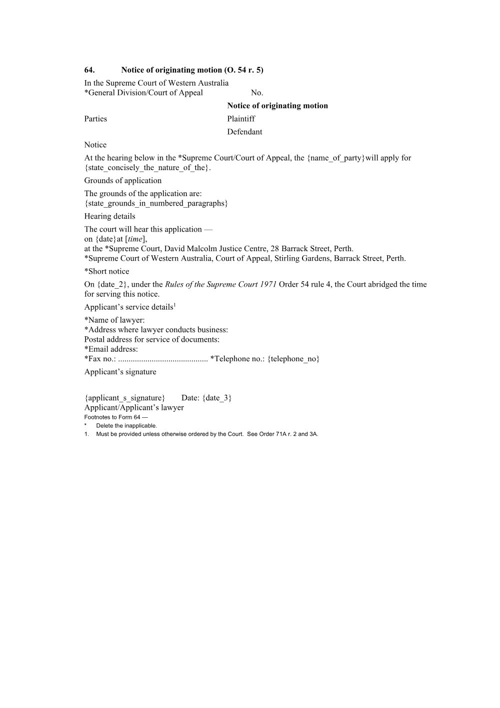 Preview of the first page of Notice of Originating Motion (Form 64)