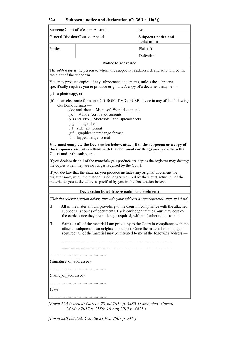 Preview of the first page of Subpoena Notice and Declaration (Form 22A)