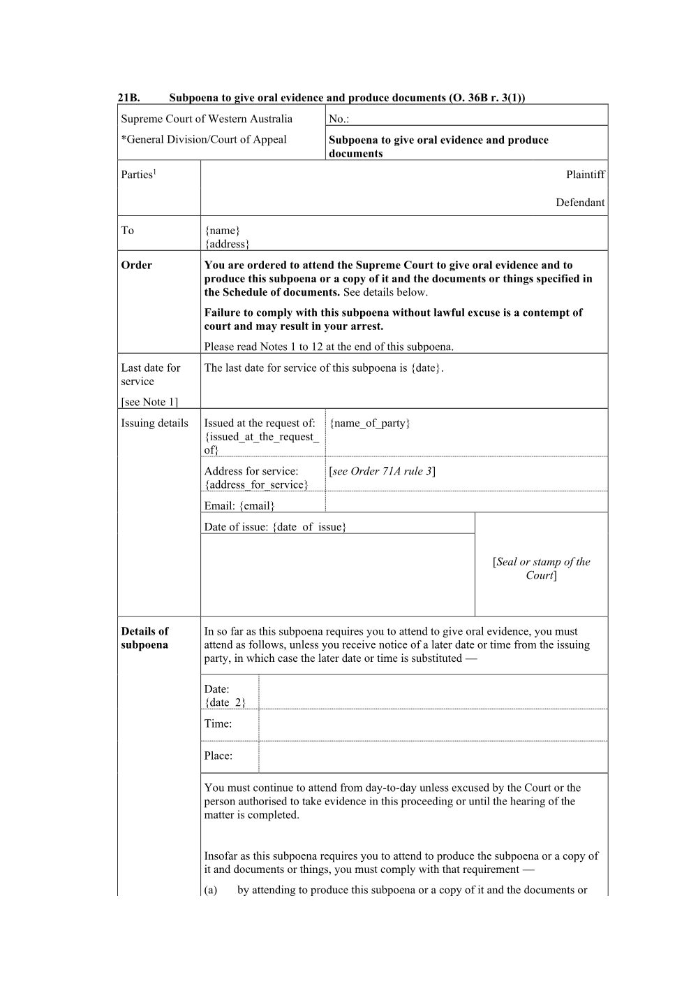 Preview of the first page of Subpoena to Give Oral Evidence and Produce Documents (Form 21B)