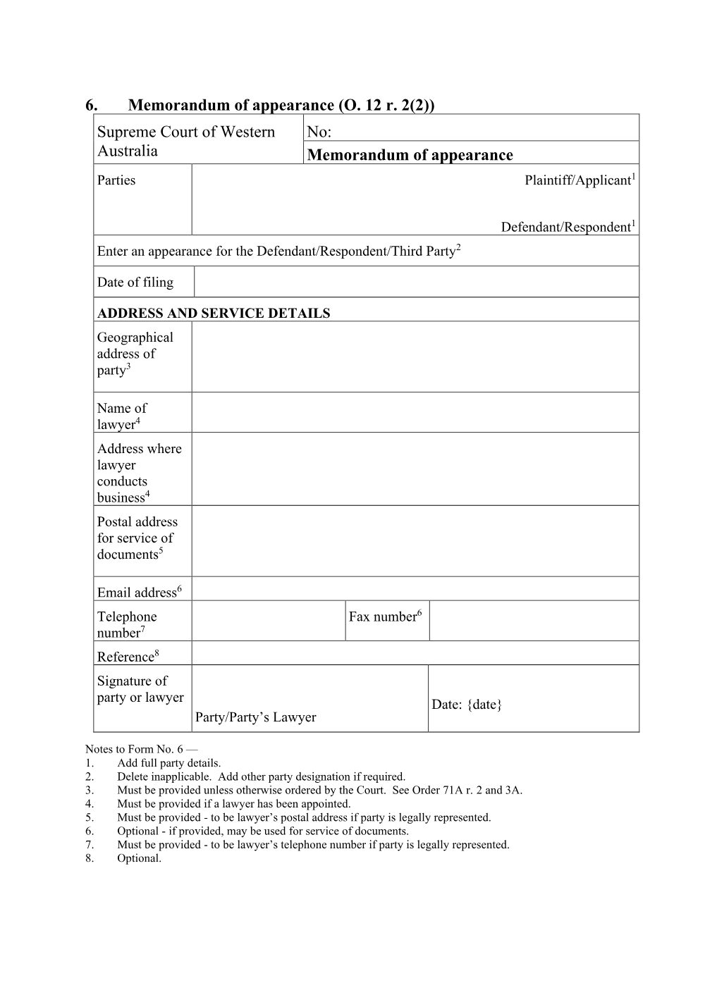 Preview of the first page of Memorandum of Appearance (Form 6)
