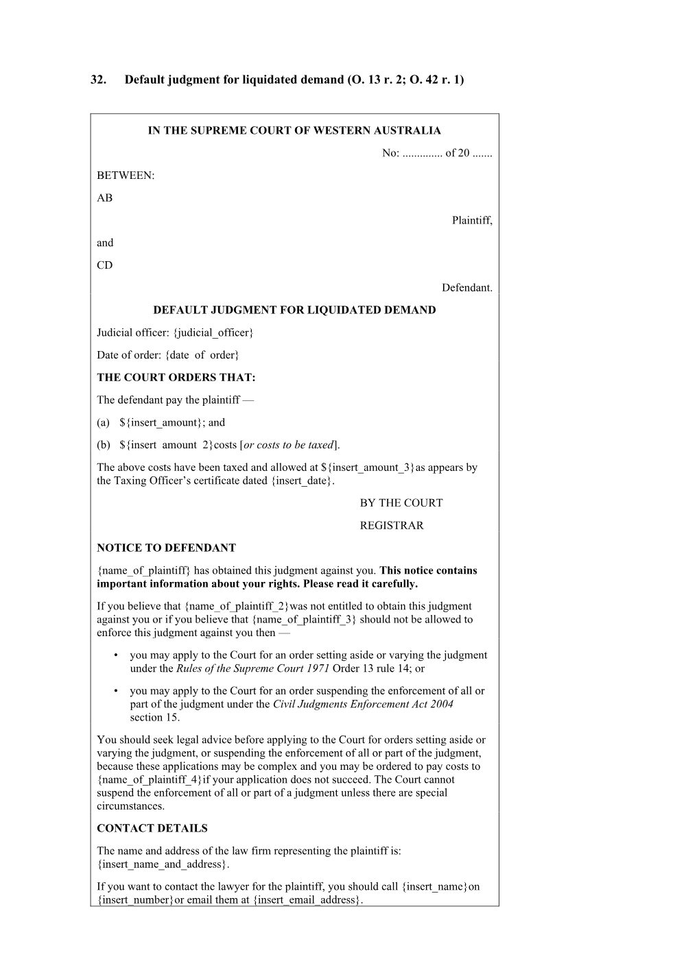 Preview of the first page of Default Judgment in Action for Liquidated Demand (Form 32)