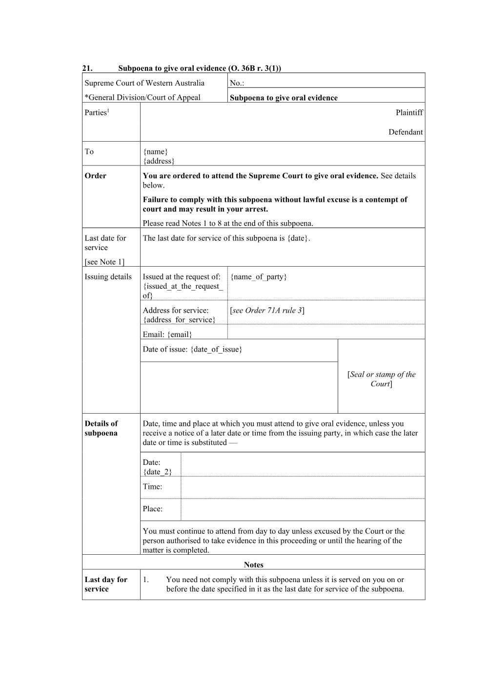 Preview of the first page of Subpoena to Give Oral Evidence (Form 21)
