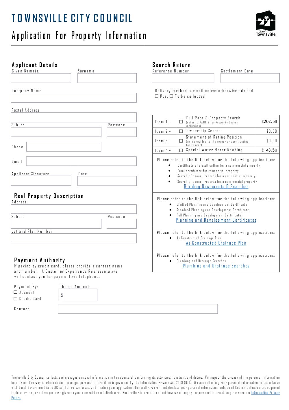 Preview of the first page of Application for Property Information