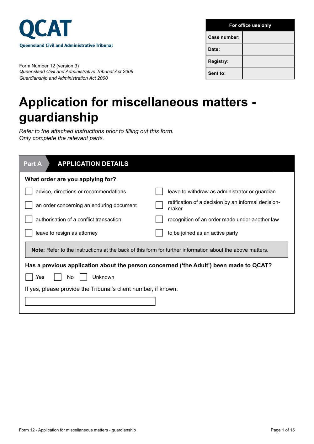 Preview of the first page of Application for miscellaneous matters - Guardianship and Administration Act 2000 (Form 12)