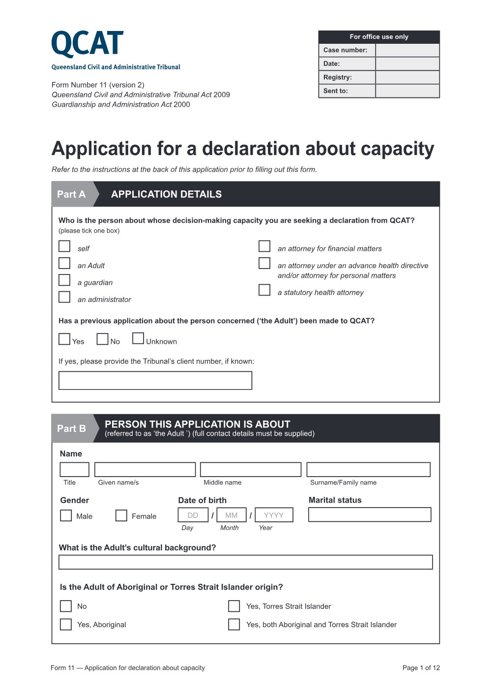 Preview of the first page of Application for a declaration about capacity (Form 11)