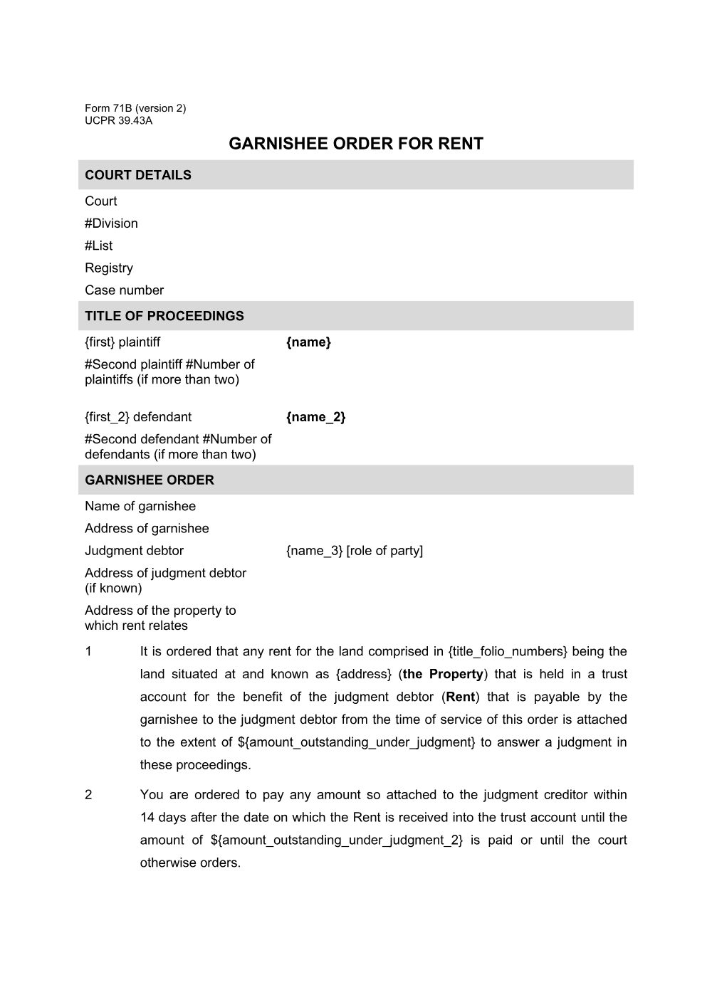 Preview of the first page of Garnishee order for rent (Form 71B)
