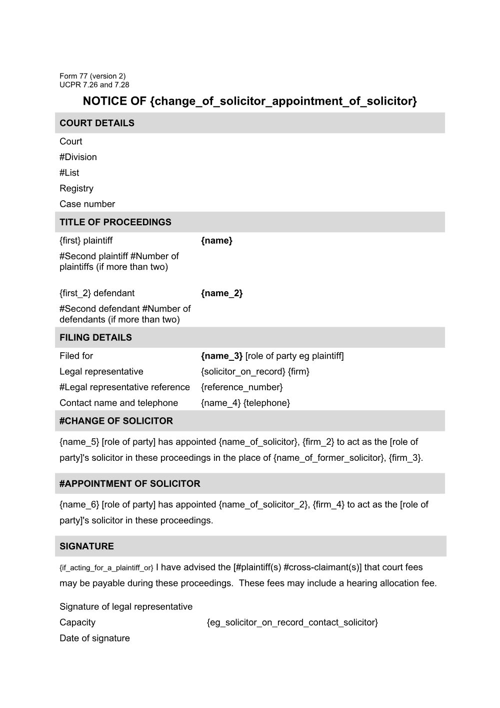 Preview of the first page of Notice of change of solicitor or appointment of solicitor (Form 77)