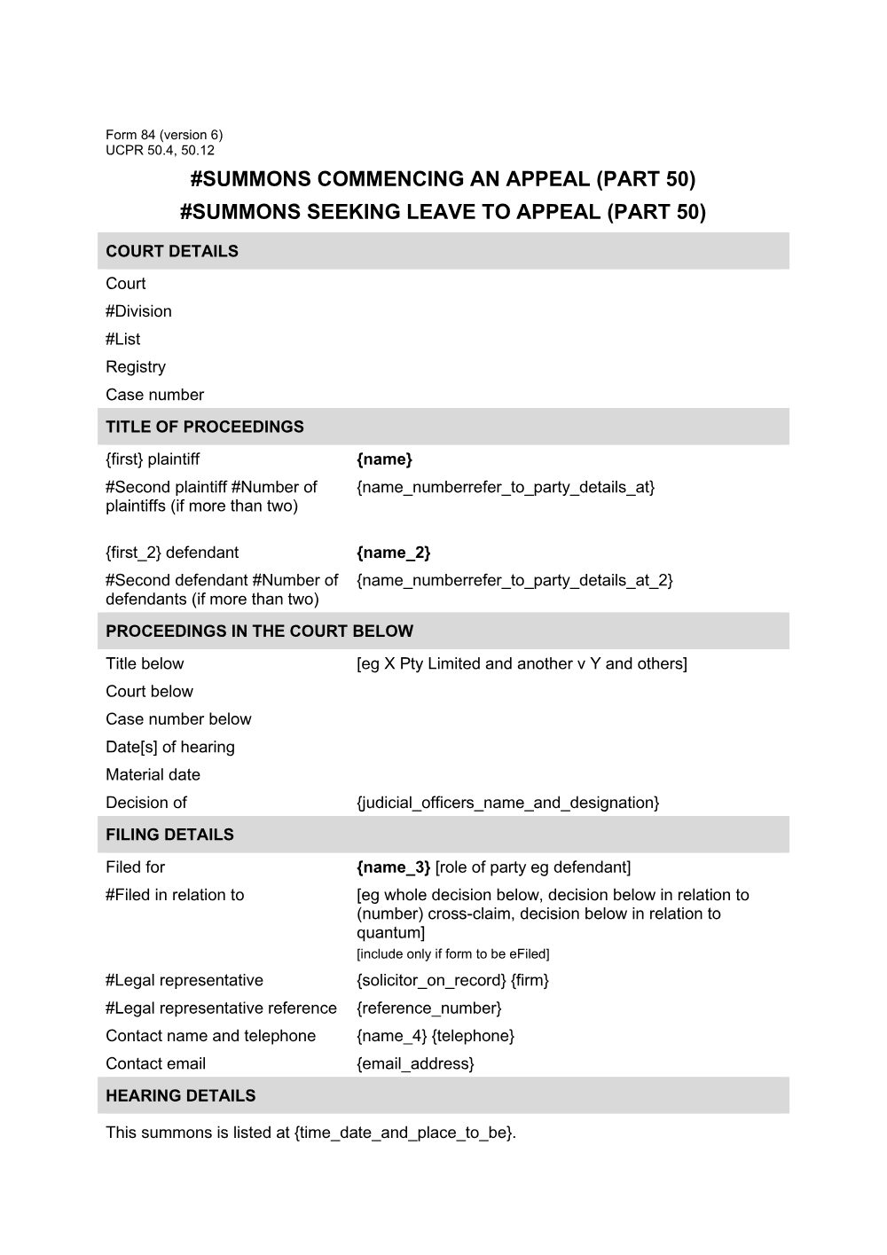 Preview of the first page of Summons commencing an appeal (Part 50) / Summons seeking leave to appeal (Part 50) (Form 84)