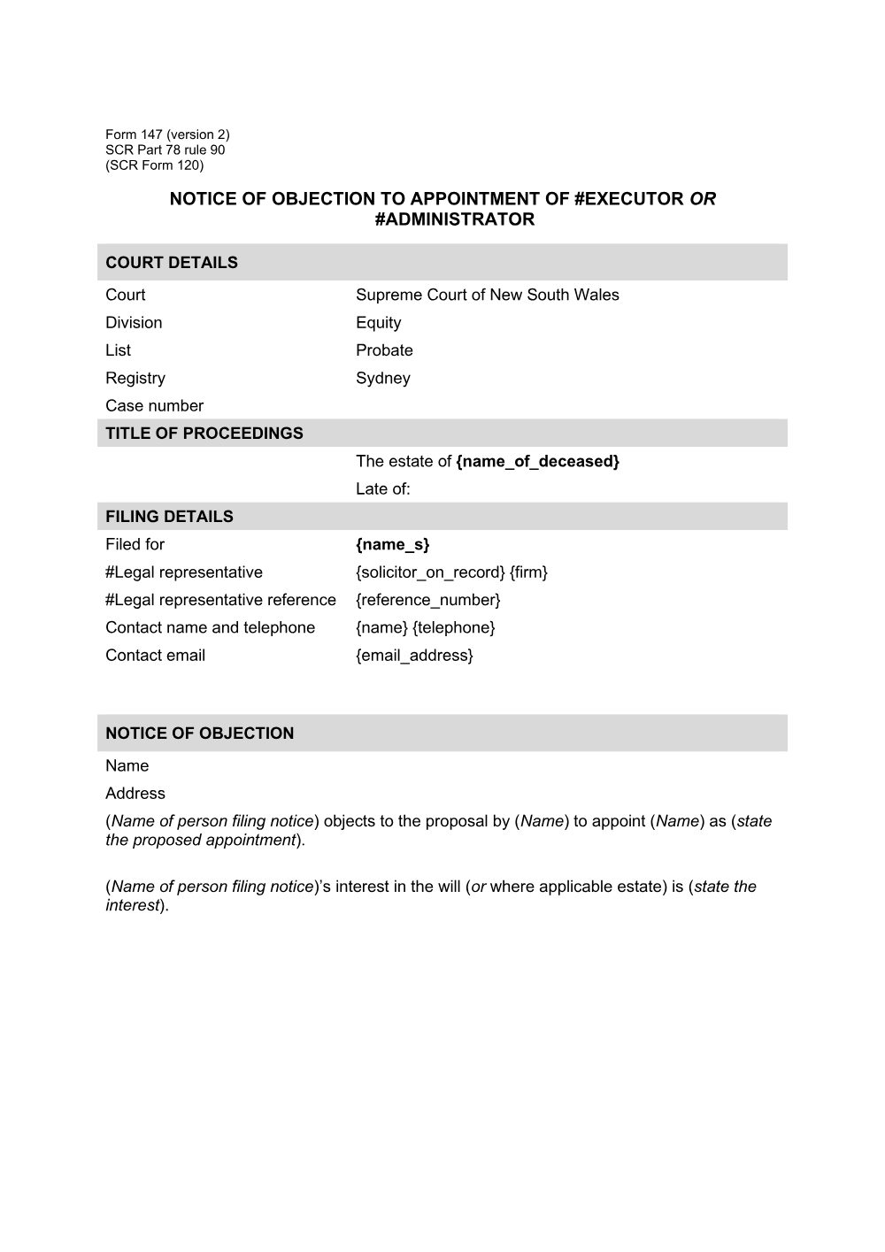 Preview of the first page of Notice of objection to appointment of executor or administrator (SCR Part 78 rule 90 (SCR Form 120)) (Form 147)