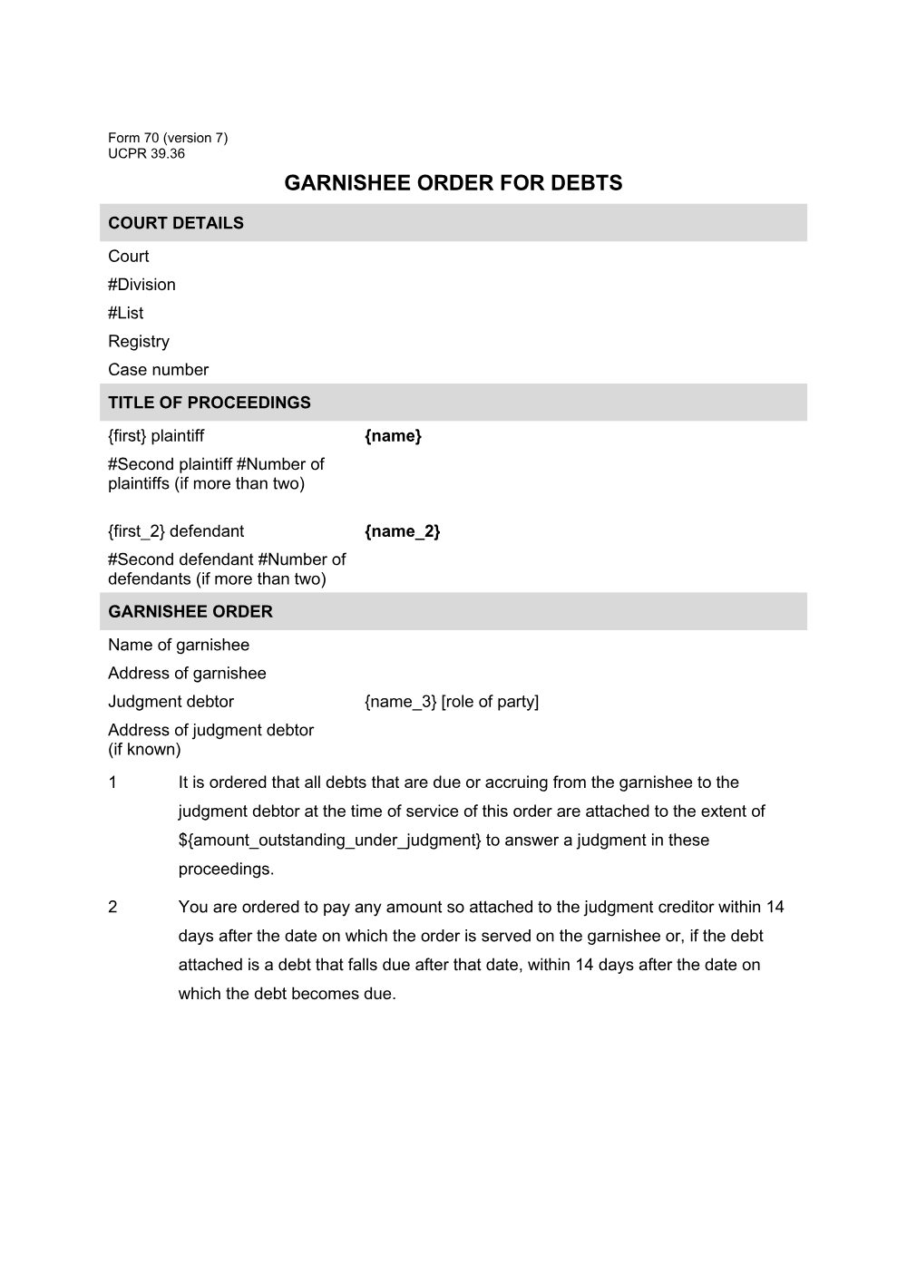Preview of the first page of Garnishee order for debts (Form 70)
