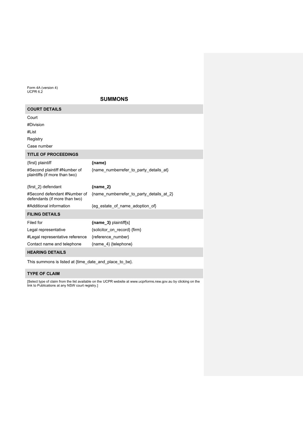 Preview of the first page of Summons - filing party legally represented (Form 4A)