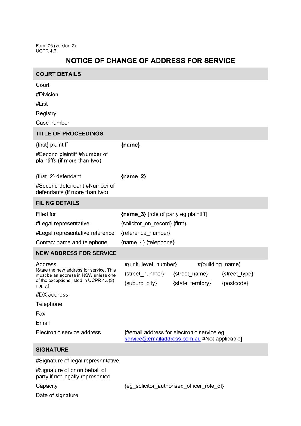 Preview of the first page of Notice of change of address for service (Form 76)
