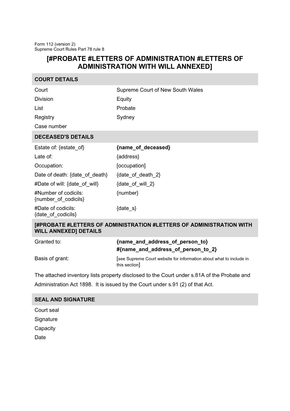 Preview of the first page of Grant of probate, letters of administration or letters of administration with the will annexed (Form 112)