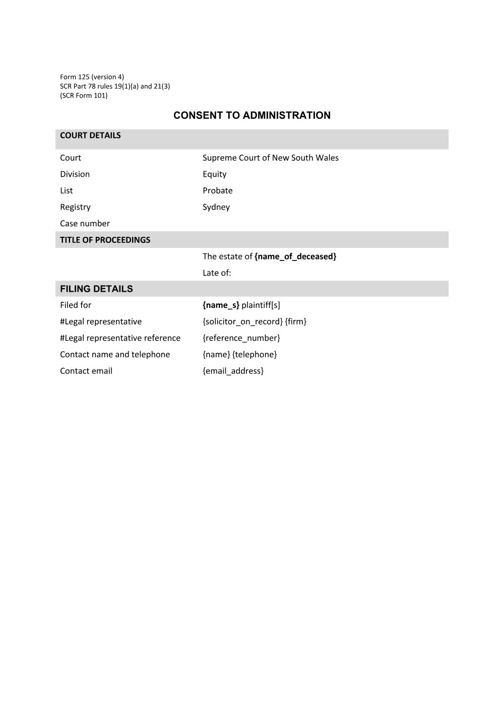 Preview of the first page of Consent to administration (SCR Part 78 rules 19(1)(a) and 21(3) (SCR Form 101)) (Form 125)