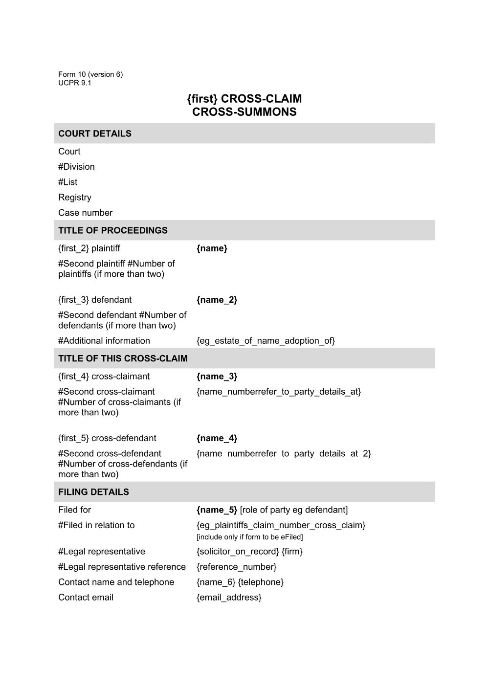 Preview of the first page of Cross-summons (Form 10)