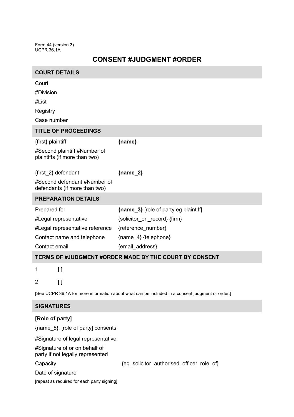 Preview of the first page of Consent judgment or order (Form 44)