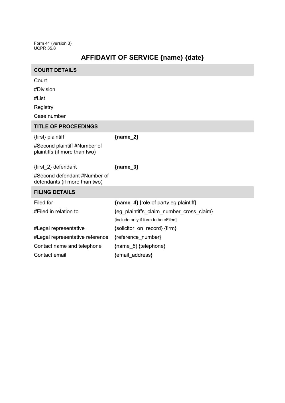 Preview of the first page of Affidavit of Service (Form 41)