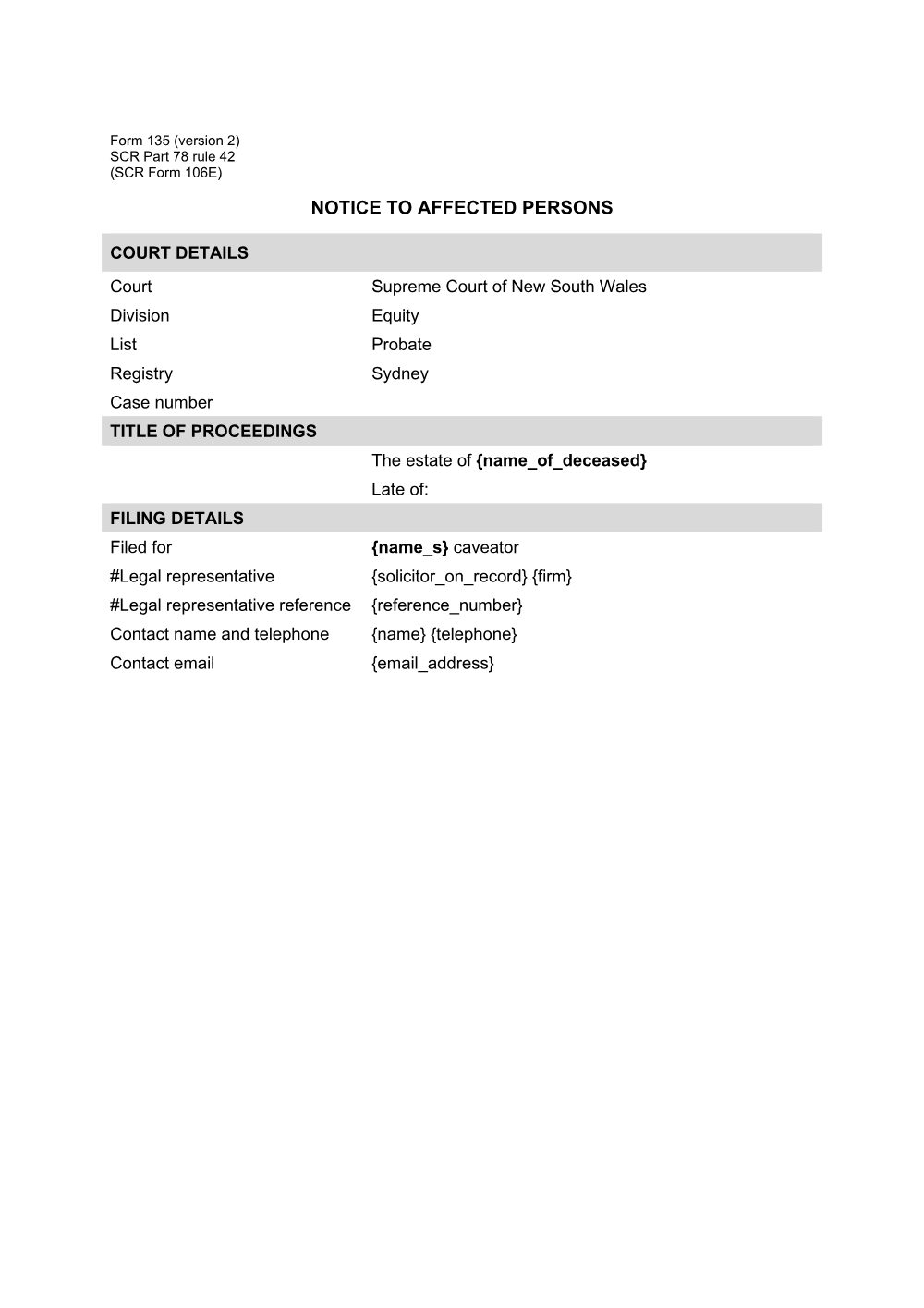 Preview of the first page of Notice to affected persons (SCR Part 78 rule 42 (SCR Form 106E)) (Form 135)