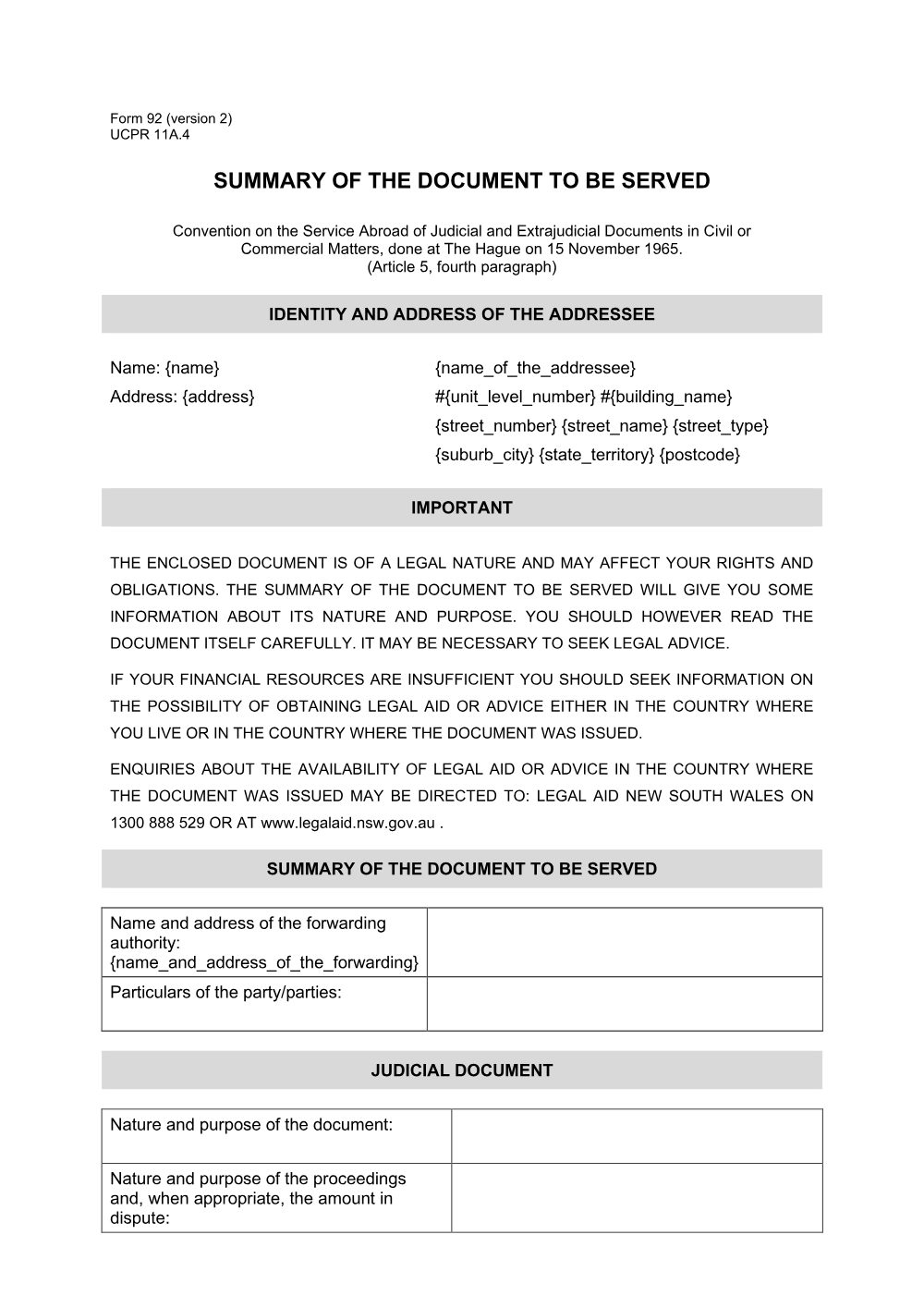 Preview of the first page of Summary of the document to be served (Form 92)