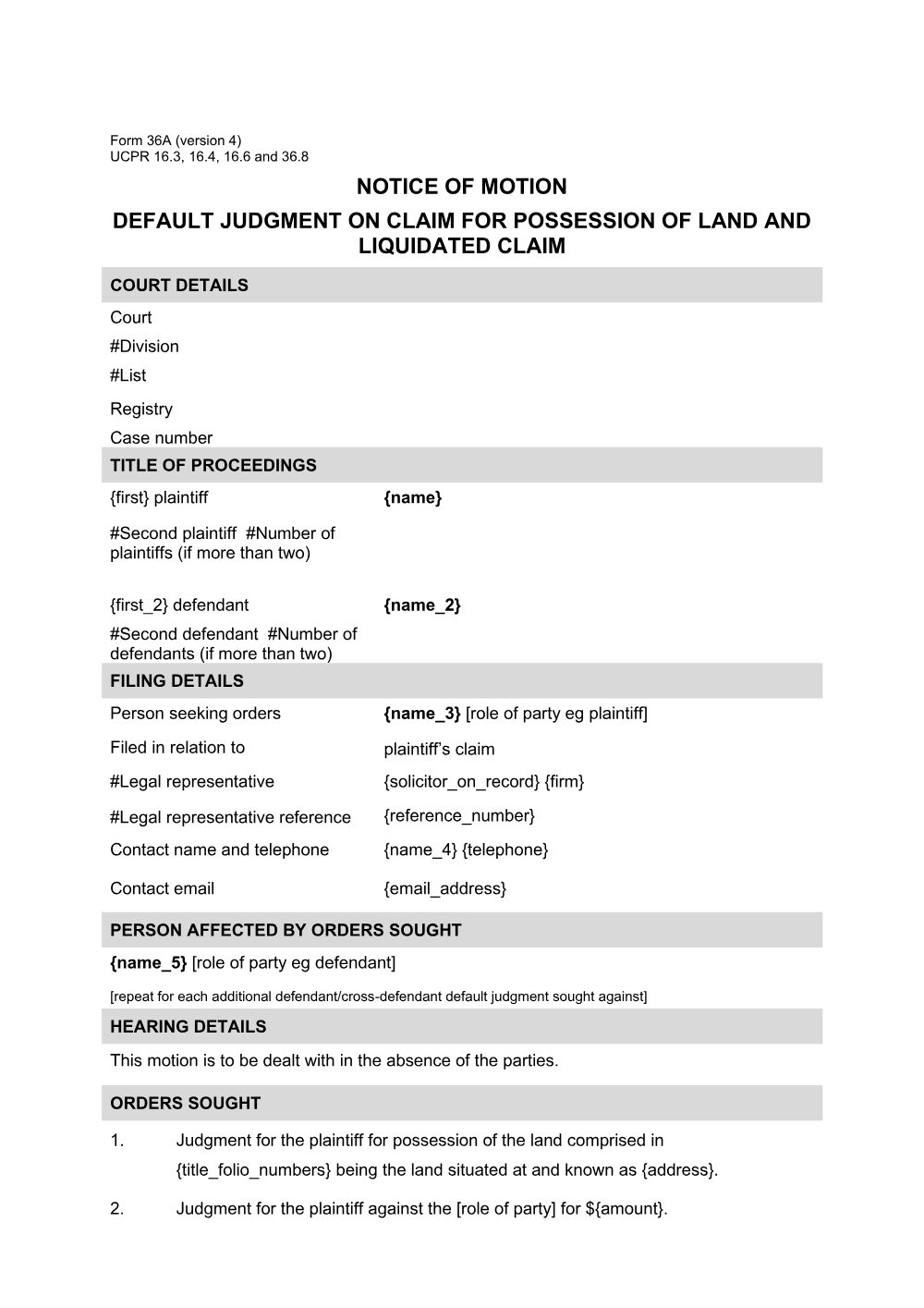 Preview of the first page of Notice of motion - default judgment on claim for possession of land and liquidated claim (Form 36A)