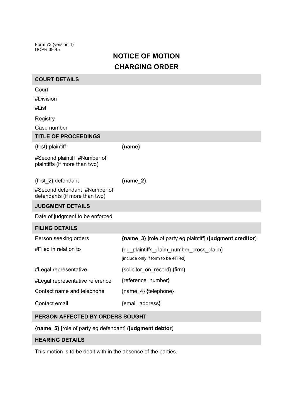 Preview of the first page of Notice of motion - charging order (Form 73)
