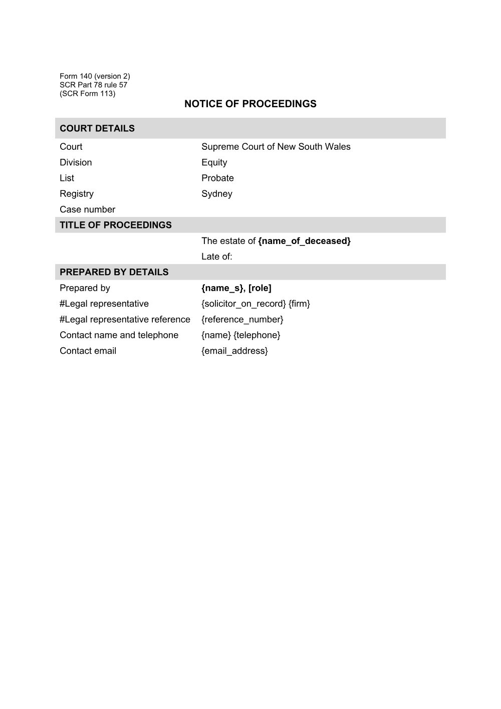 Preview of the first page of Notice of proceedings (SCR Part 78 rule 57 (SCR Form 113)) (Form 140)