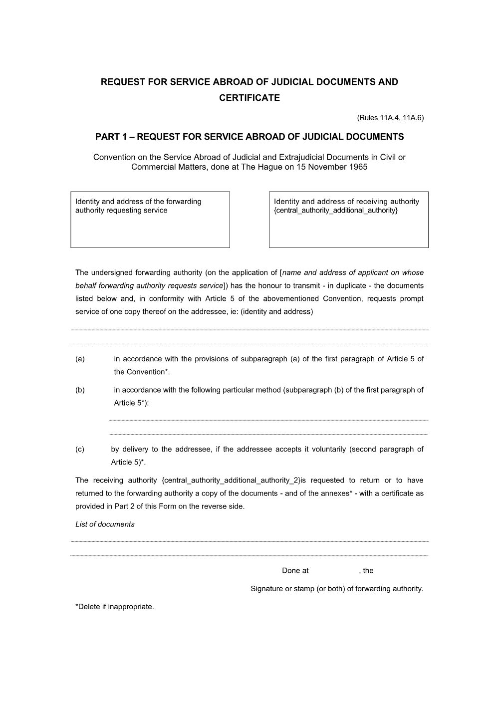 Preview of the first page of Request for service abroad of judicial documents and certificate (Form 91)