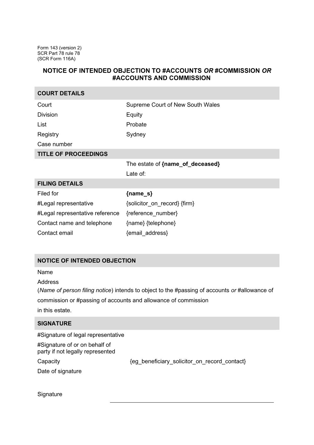 Preview of the first page of Notice of intended objection to accounts (SCR Part 78 rule 78 (SCR Form 116A)) (Form 143)