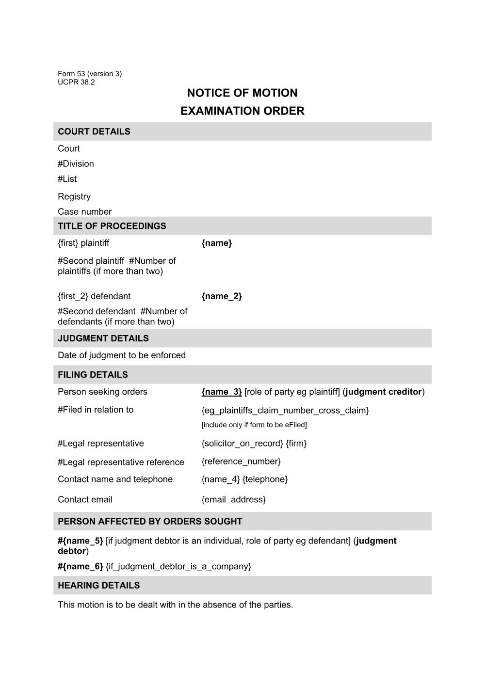 Preview of the first page of Notice of motion - examination order (Form 53)