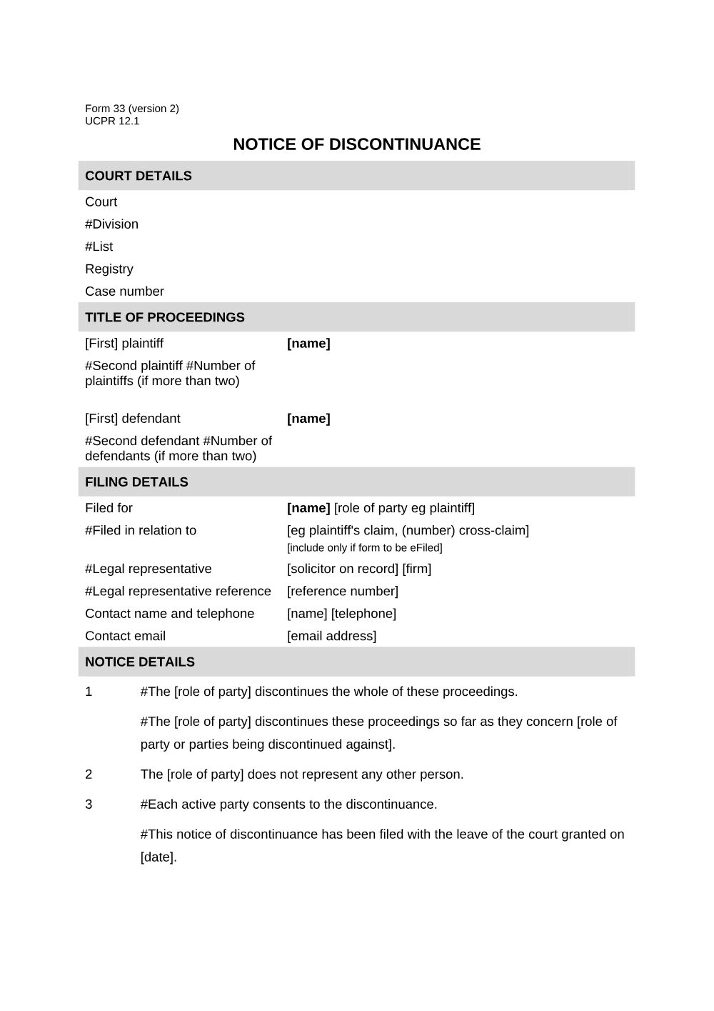 Preview of the first page of Notice of discontinuance (Form 33)