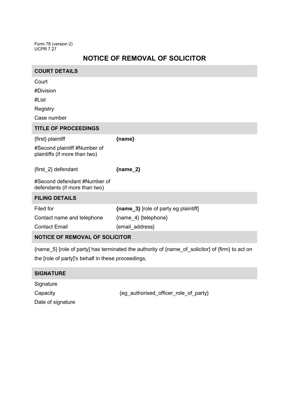 Preview of the first page of Notice of removal of solicitor (Form 78)