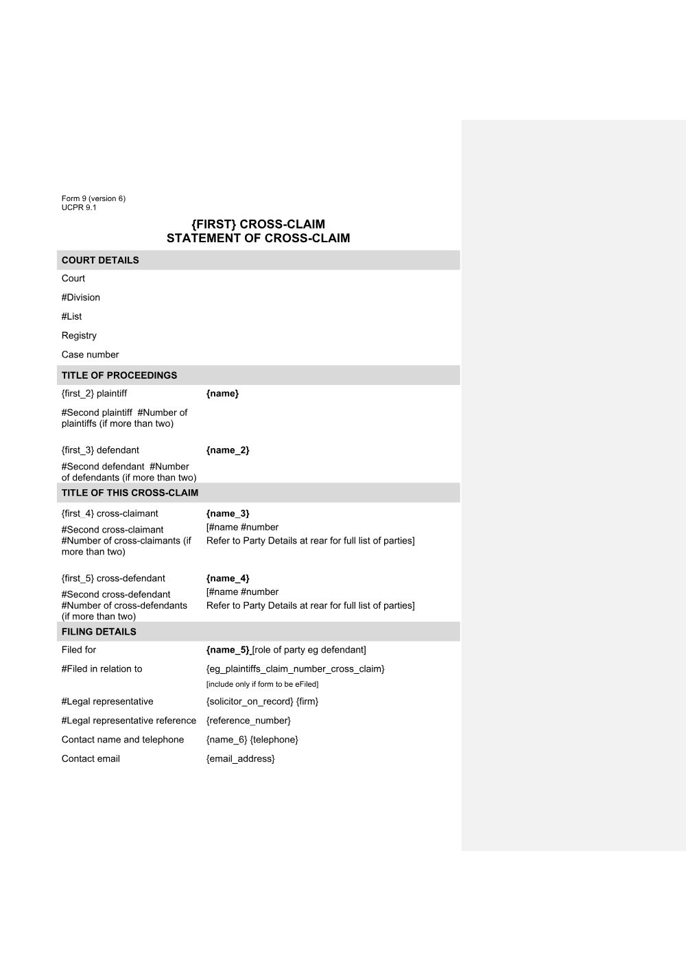 Preview of the first page of Statement of Cross-claim (Form 9)
