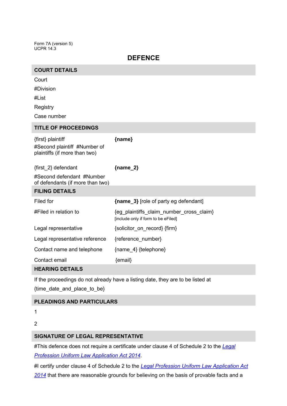 Preview of the first page of Defence - filing party legally represented (Form 7A)