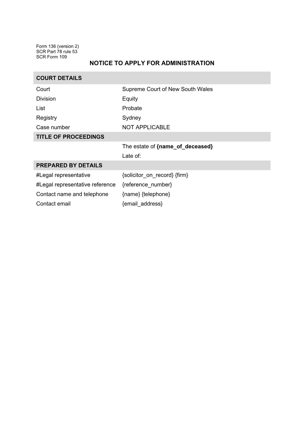 Preview of the first page of Notice to apply for administration (Form 136)