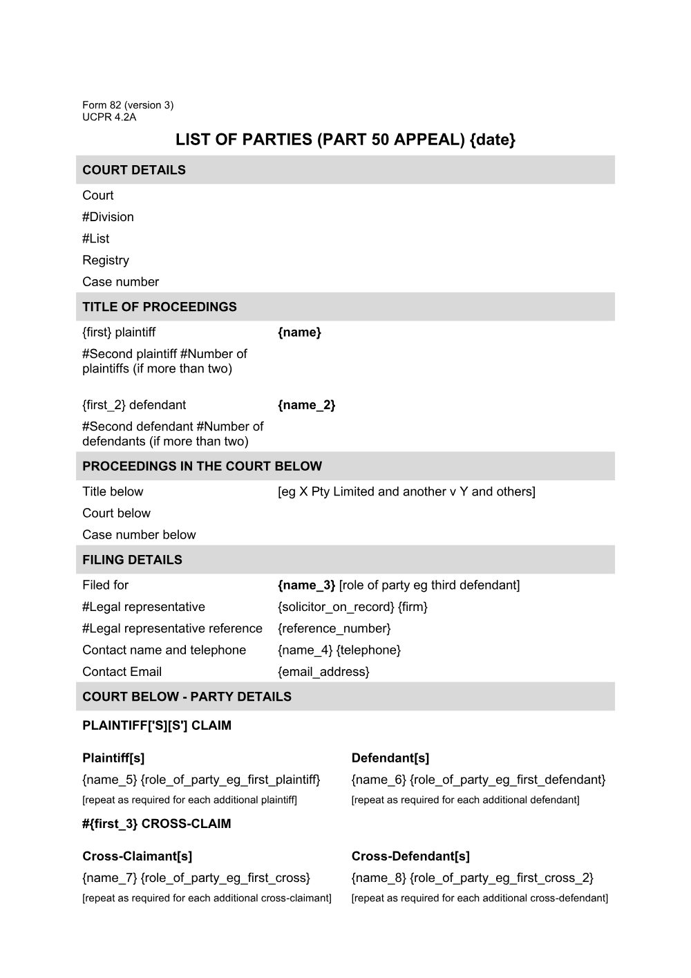 Preview of the first page of List of parties (Part 50 appeal) (Form 82)