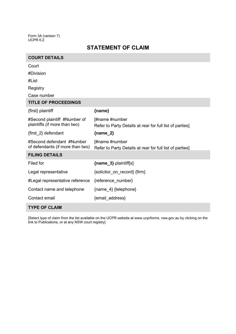 Preview of the first page of Statement of claim/Amended statement of claim (Form 3A)