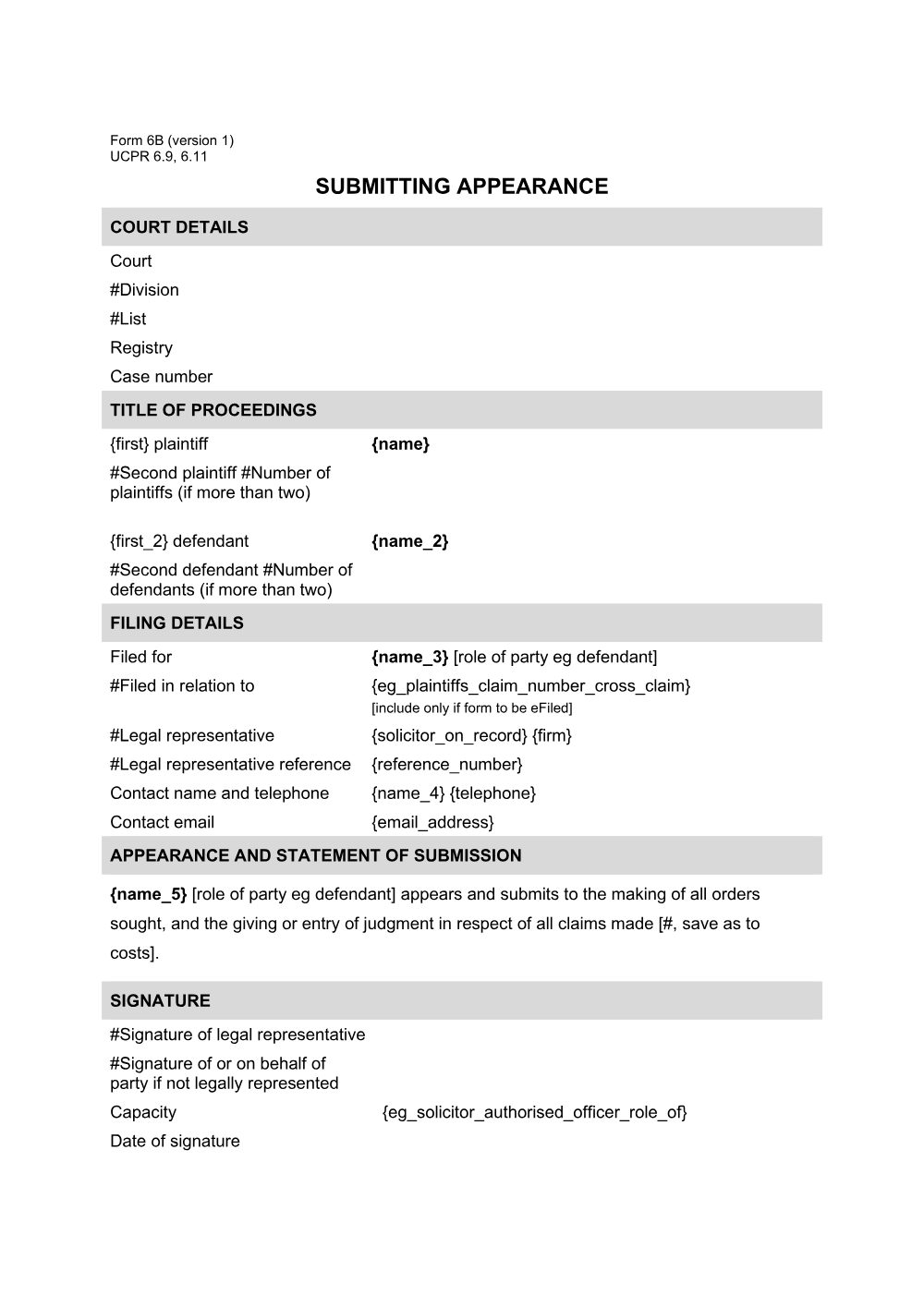 Preview of the first page of Submitting Appearance (Form 6B)