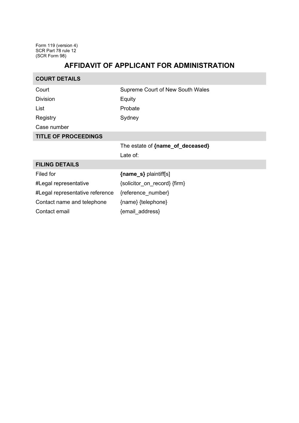 Preview of the first page of Affidavit of applicant for administration (SCR Part 78 rule 12 (SCR Form 98)) (Form 119)