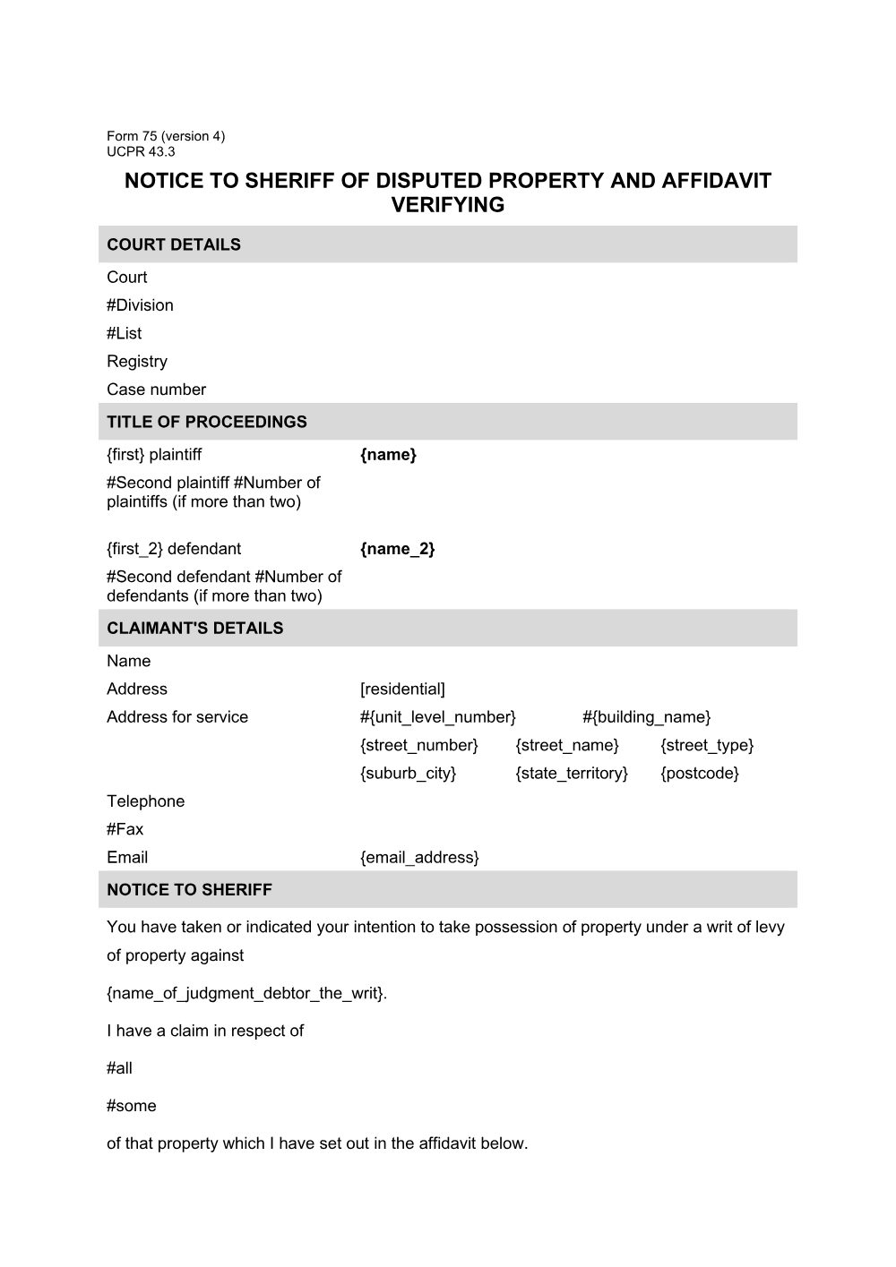 Preview of the first page of Notice to sheriff of disputed property and affidavit verifying (Form 75)
