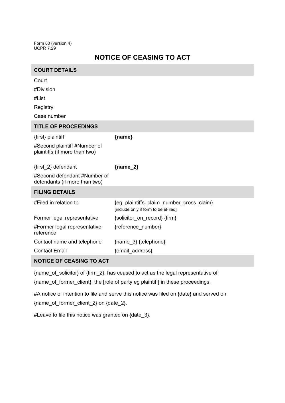 Preview of the first page of Notice of ceasing to act (Form 80)