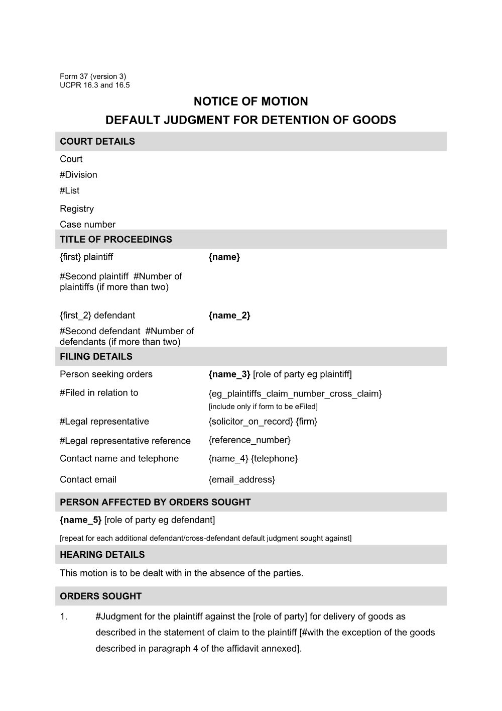 Preview of the first page of Notice of motion - default judgment for detention of goods (Form 37)