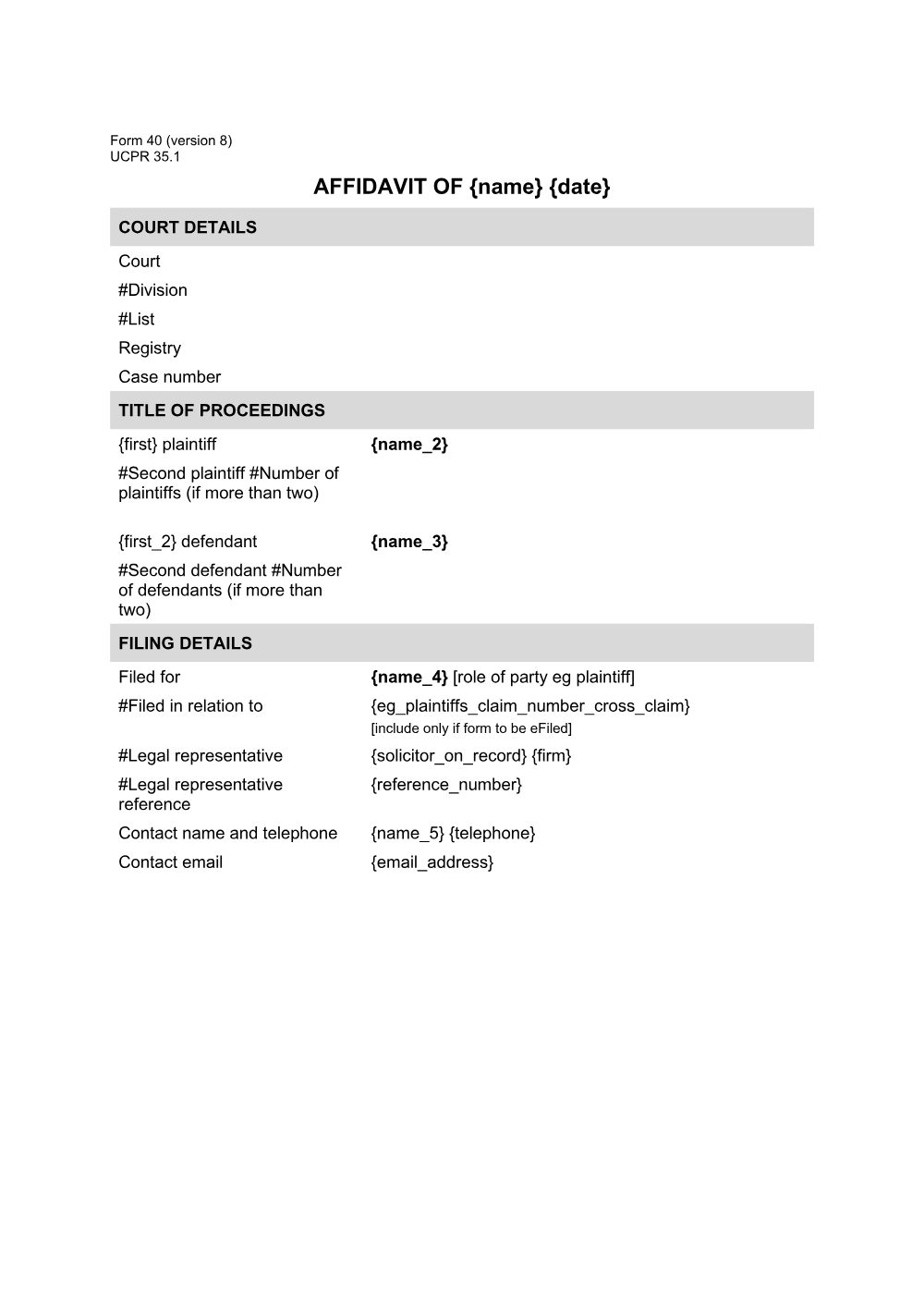 Preview of the first page of Affidavit (Form 40)