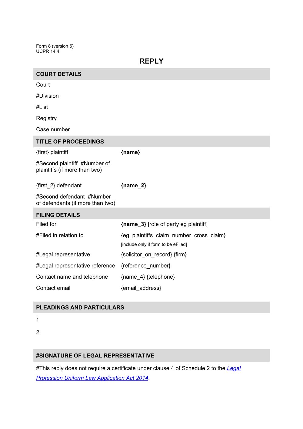 Preview of the first page of Reply (Form 8)