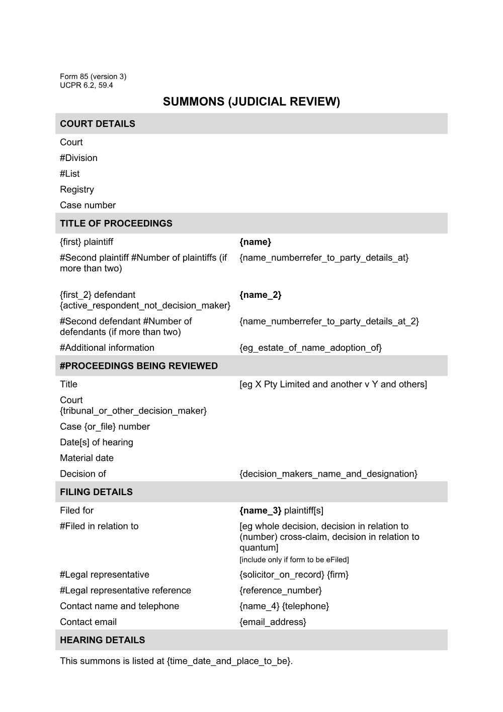 Preview of the first page of Summons (Judicial Review) (Form 85)